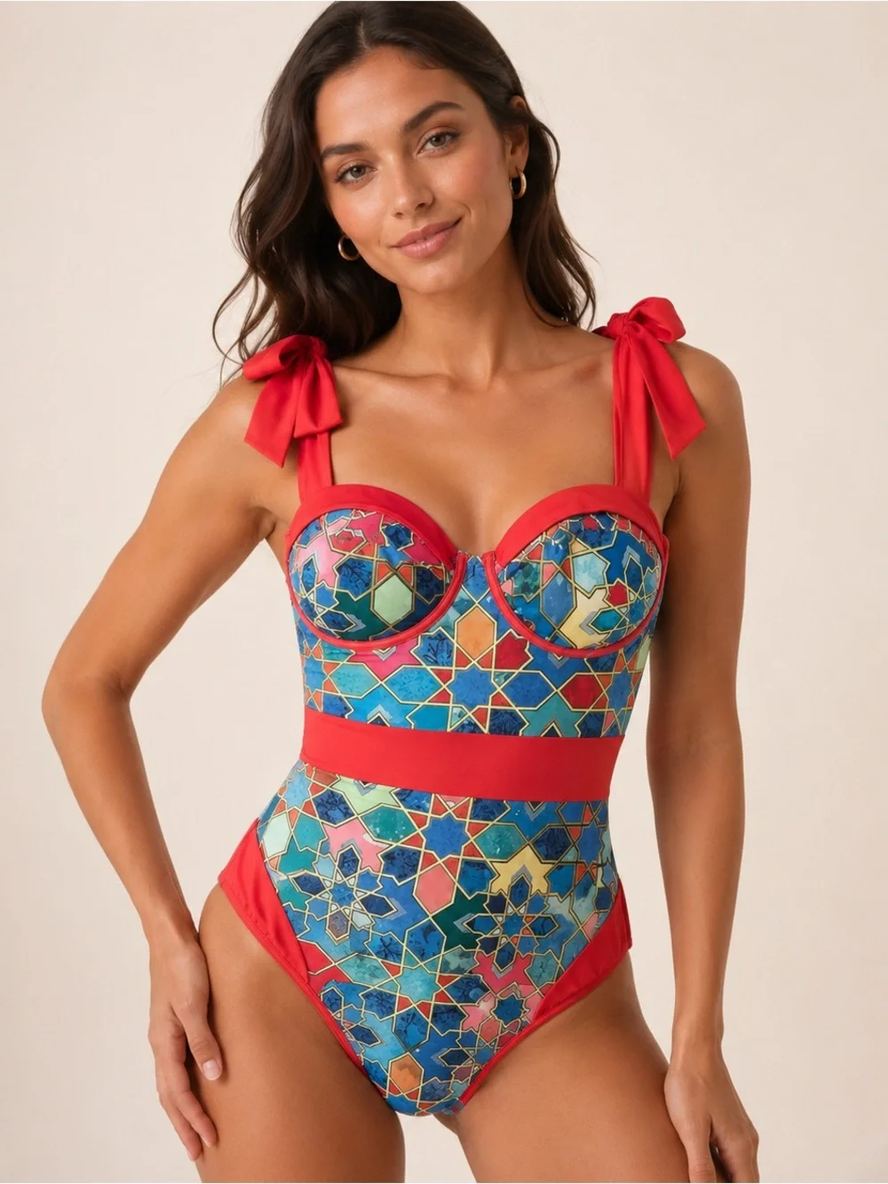 Boho Chic Geometric Mosaic Print Underwire One Piece Swimsuit and Wrap Skirt Set